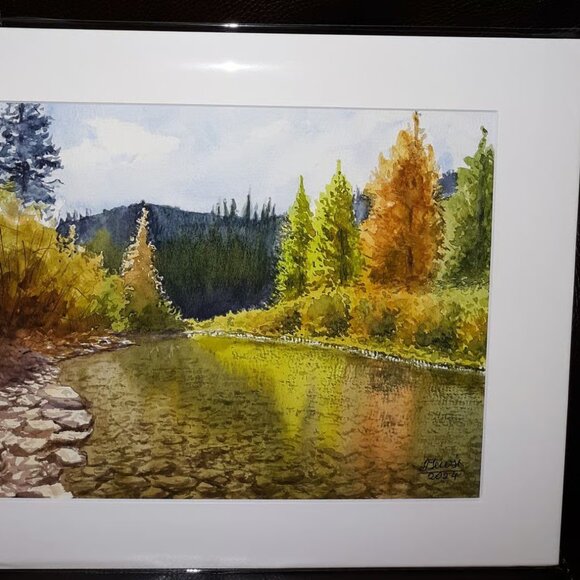 Original watercolor painting Forest Creek 140lb cotton paper cold press, matted - Picture 2 of 4
